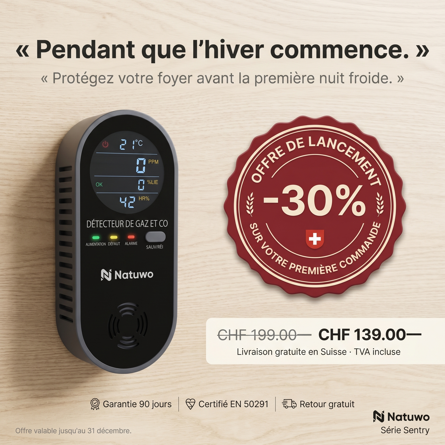 Natuwo Sentry · Détecteur 4-en-1 à brancher